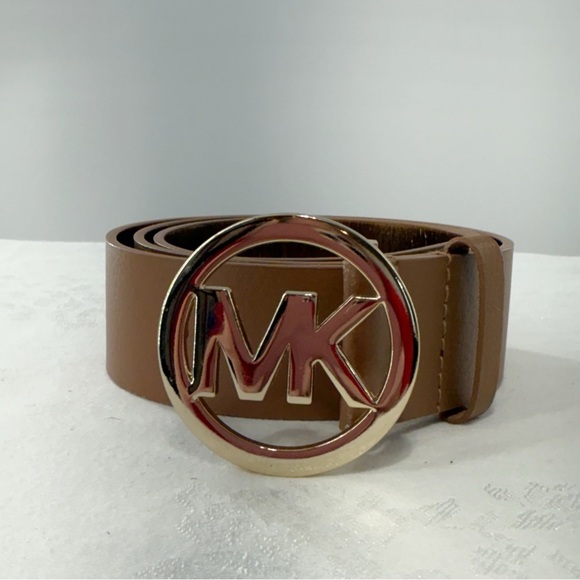 Michael Kors Brown Leather Belt Large – Gold MK Logo Buckle, Genuine Leather - Picture 13 of 16